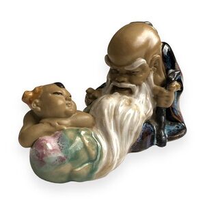 Old Chinese Dynasty Wu Cai Porcelain Feng Shui Tong Zi Kid Boy Peach Statue 7”